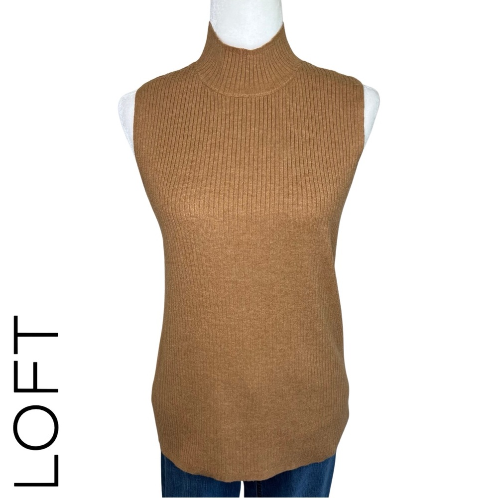 ❌SOLD❌ LOFT Outlet Sleeveless Knit Mock Neck Top Caramel Brown Large L - Picture 3 of 11
